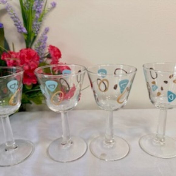 Vintage Boomerang Amoeba Glasses Turquoise Gold Retro MCM Federal Barware - Picture 1 of 6